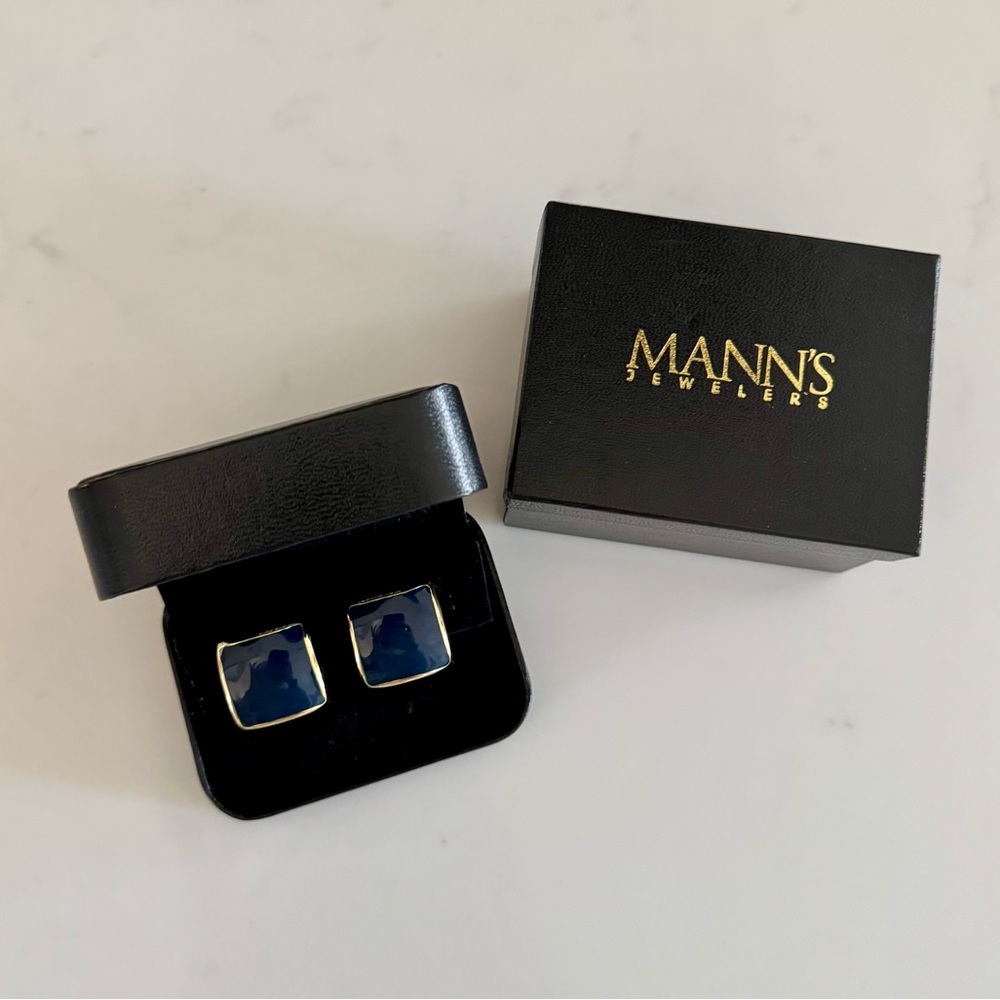 Vintage 80s C.M.Lent Gold & Navy Enamel Square Fashion Clip-On Earrings - Picture 11 of 16